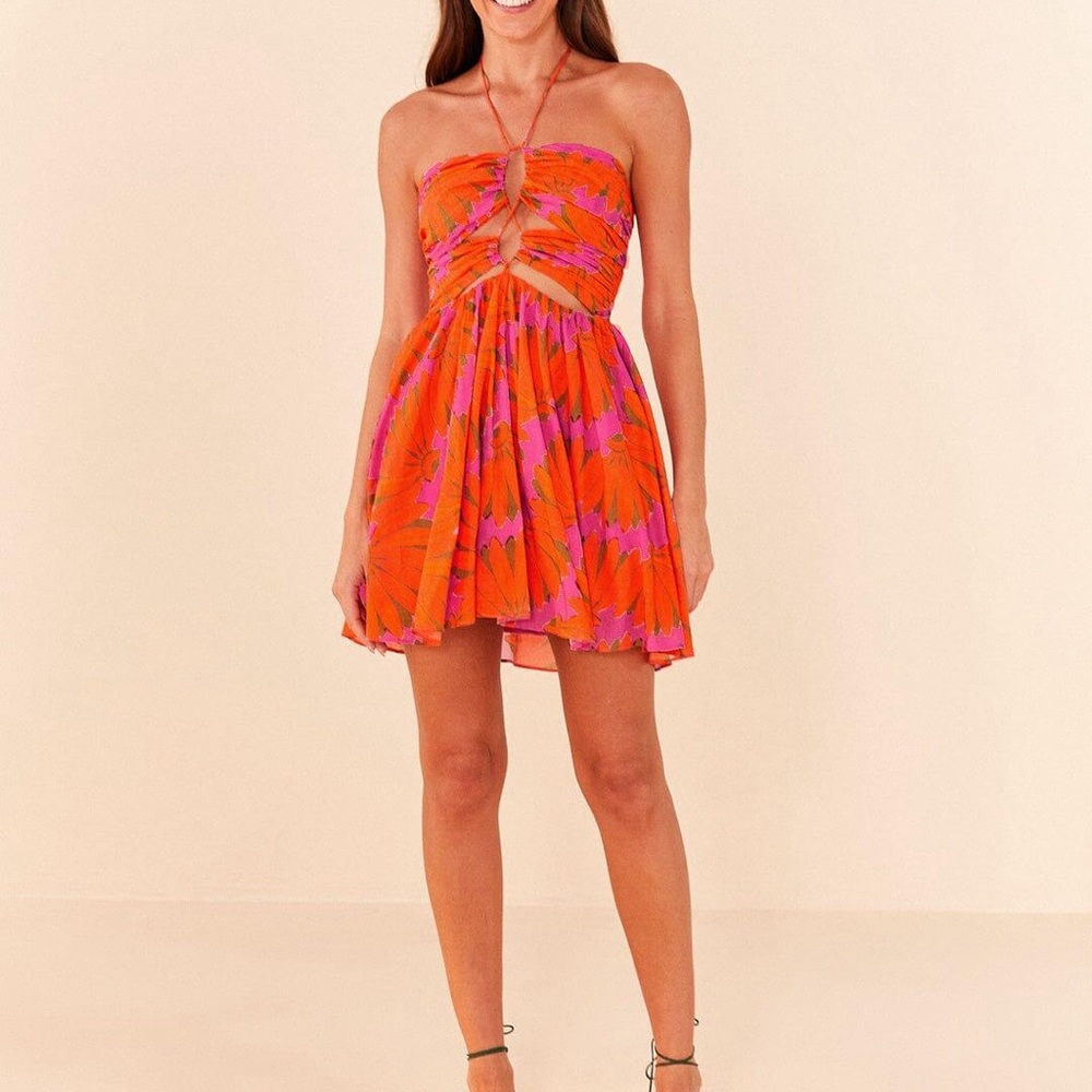 Farm Rio 100% Orange and Pink Mini Halter Mini Dress Size XL